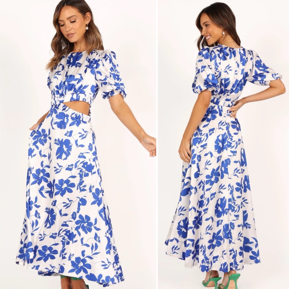 Petal & Pup Aminah Puff Sleeve Dress Blue White Floral Side Cut Out Midi Large - Picture 2 of 10